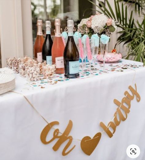 Champagne Gender Reveal Ideas, Gender Reveal Welcome Table, Brunch Theme Gender Reveal, Champagne Gender Reveal, Gender Reveal Champagne, Gender Reveal Mimosa Bar, Gender Reveal Cocktails, Champagne Tower Gender Reveal, Classy Gender Reveal