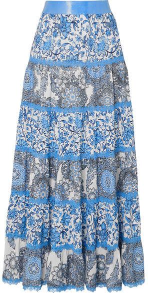 Alice + Olivia Alice Olivia - Satin And Lace-trimmed Floral-print Crepe De Chine Maxi Skirt - Blue Blue Floral Maxi Skirt, Blue Boho Print Maxi Skirt, Summer Maxi Skirt With Lace Trim, Relaxed Fit, Skirt Outfits Ideas, Blue Floral Print Relaxed Skirt, Non-stretch Blue Bohemian Maxi Skirt, Quilted Skirt, Stacey Bendet, Gypset Style