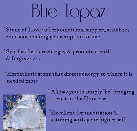 Blue Topaz Crystal Meaning, Topaz Crystal Meaning, Hippy Witch, Blue Topaz Meaning, Topaz Meaning, Healing Crystals Decor, Blue Topaz Crystal, Crystal Tips, Gemstones Chart