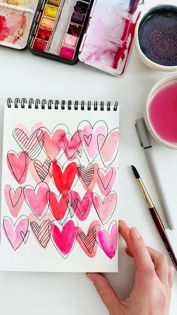 Posca Pens Art Valentines, Handmade Vday Gifts For Him, Valentine Day Watercolor Painting, Simple Watercolor Valentines Cards, Valentines Cards Diy For Him, Watercolor Diy Easy, Valentine Cards Painted, Valentines Art For Middle School, Valentine's Day Watercolor Ideas