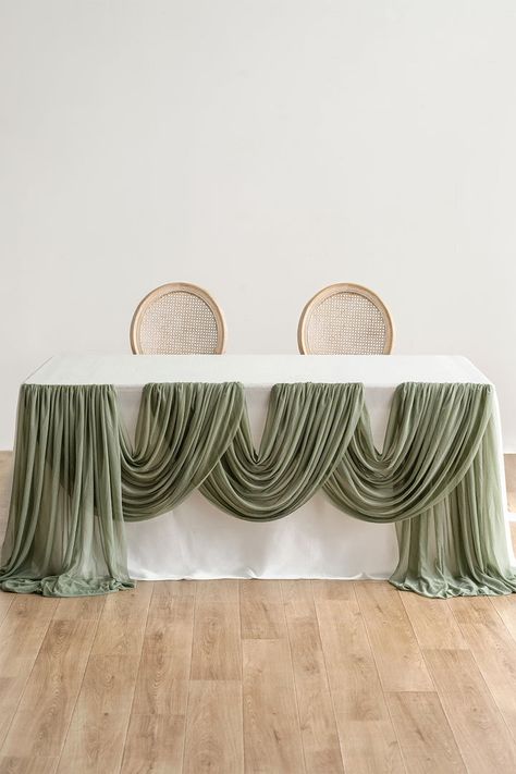 Green Runner Wedding Table, Cheesecloth Table Runner Wedding, Scalloped Table, Table Floral Decorations, Table Swag, Reception Table Settings, Head Table Decor, Head Table Wedding, Wedding Table Linens