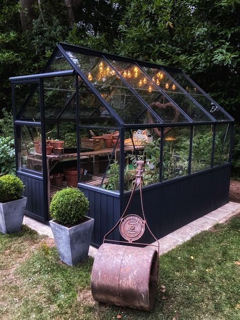 Home Garden Greenhouse, Small Greenhouse Vegetable Garden, Greenhouse Patio Porches, Yard With Greenhouse, Small Black Greenhouse, Greenhouse In Garden Design, Backyard Greenhouse Aesthetic, Glasshouse Garden Ideas, Backyard Greenhouse Landscaping