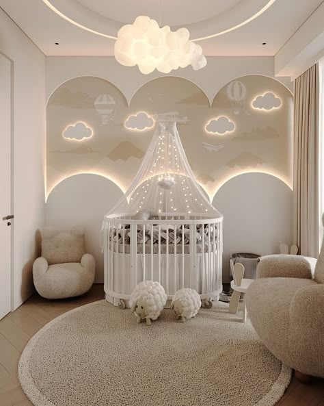 Dreamy Nursery Gender Neutral, Unisex Baby Nursery Ideas, Baby Cloud Nursery, Little Room Ideas, Clouds Decoration, Baby Room Decorations, Cute Kids Room, Luxury Baby Room, Cloud Nursery