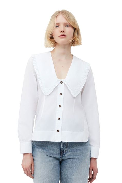 Cotton Poplin V-neck Frill Collar Shirt, Bright White Frill Collar, Size 16 Women, Size 12 Women, Big Collar, White Shirts Women, Iconic Dresses, Size 10 Women, Linnet, Tshirt Skirt