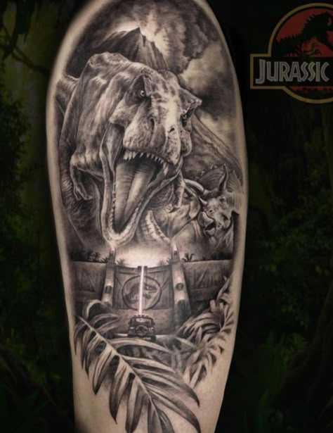 Jurassic Park Tattoo Andy Tattoo, Jurassic Park Tattoo, Jeep Tattoo, T Rex Tattoo, Jurassic Park Logo, Stitch Tattoo, Dinosaur Tattoos, Movie Tattoos, Jurrasic Park