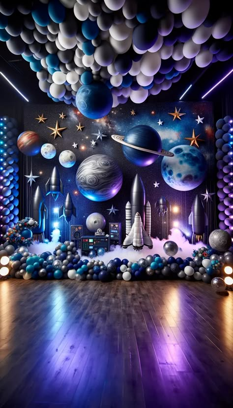 🎈 20 Creative Balloon Decorating Ideas for Every Occasion 🎉 - Laugh Lore Nasa Party Ideas Space Theme, Cosmos Birthday Party, Futuristic Birthday Party, Event Theme Ideas Creative, Futuristic Decorations Event, Futuristic Theme Party, Futuristic Party Theme, Space Theme Decorations, Futuristic Decoration