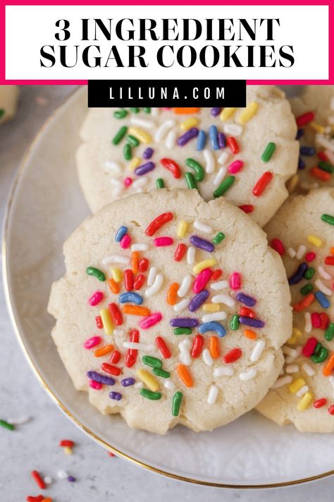 Quick, easy, and delicious 3 ingredients sugar cookies are ready in minutes. You can't get easier than that!! #sugarcookies #3ingredientsugarcookies #3ingredient #easycookies 3 Ingredient Sugar Cookie Recipe, 3 Ingredient Sugar Cookies, Sugar Cookie Frosting Recipe, Cookie Frosting Recipe, 3 Ingredient Cookies, Sugar Cookie Recipe Easy, Easy Sweets, Chocolate Pie Recipes, Yummy Sugar Cookies