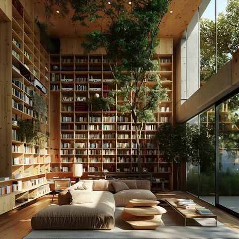 Explore this stunning modern living room library design blending Tadao Ando and Kengo Mase styles with a massive wooden bookshelf, glass walls, and a central tree. The cozy space features a sofa, green plants, and warm lighting, seamlessly integrating with nature. Ideal for architecture and home decor enthusiasts. Bookshelf In The Living Room, Wooden Book Shelf Design Modern, Long House Interior Design, Climbable Bookshelf, Modern Library Architecture, Wall Library Design, Tree Inside House, Weatherboard Renovation, Library Modern Design