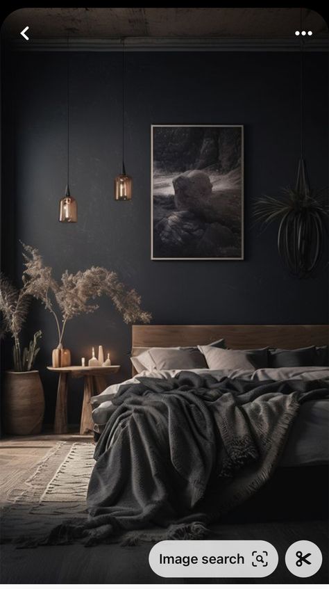 Chocolate Brown Bedrooms, Dark Bedroom Aesthetic, Black Walls Bedroom, Black Feature Wall, Dark Home, Brown Bedroom, Dark Walls, Home Aesthetic, Bedroom Refresh