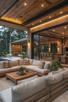 Outdoor Patio Living Room, Houses With Outdoor Living Spaces, Outdoor Living Space Ideas Patio, Outdoor Wooded Backyard, 10x10 Patio Ideas Outdoor, Outdoor Patio Ideas Pool, Outdoor Patio Addition Ideas, Outdoor Patio Ideas Covered, Patio Pavilion Ideas