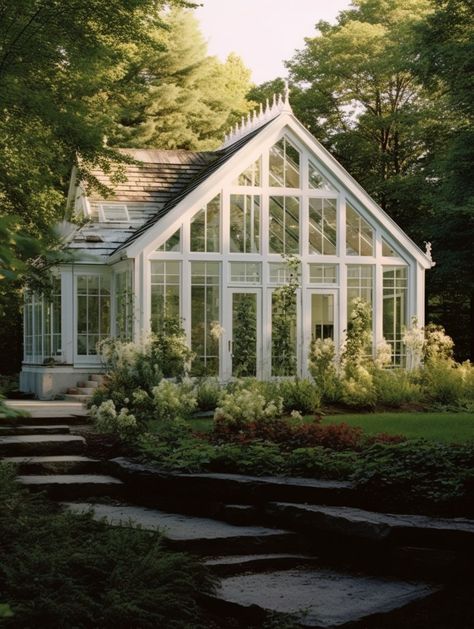 White Greenhouse Ideas, Atrium Greenhouse, Stone Greenhouse, White Glass House, Easy Floating Shelves, White Greenhouse, Greenhouse Attached To House, Funky Wall Paint, Glass House Garden