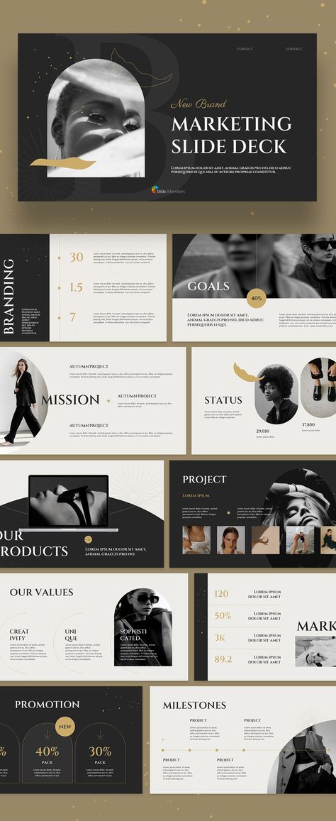 New Brand Marketing Concept Design Templates. #SlideMembers #Pitchdeck #Business #Professional #Brand #Marketing #Branding #Promotion #Autumn #Unique #Sophisticated #Beauty #Beautiful #Fashion #Model #Lookbook #Diagram #Introduction #Minimalist #Project #Goal #Vision #Mission #Modern #Simple #Portfolio #Investor #Professional #Background #Layout #Slide #Design #Multipurpose #Proposal #BestPPT #PPT #PPTdesign #freepresentation #Presentation #Templates #PowerPoint #Investordeck #PPTdeck #freePPT Sleek Powerpoint Design, Business Ppt Design Ideas, Classy Powerpoint Design, Chart Powerpoint Design, Fancy Powerpoint Design, Project Proposal Powerpoint, Proposal Slide Design, Modern Graphic Design Inspiration, Awards Presentation Powerpoint