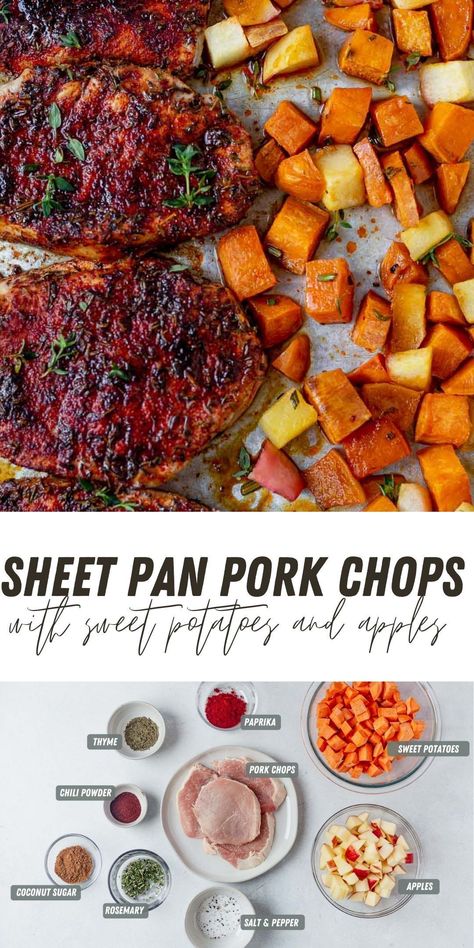 Pork Chops Sweet Potatoes Apples Crock Pot, Pork Chop Apple Sheet Pan Dinner, Sheet Pan Meals Pork Chops, Pork Chop Apple Sweet Potato Recipes, Pork Chop Brussel Sprouts Sheet Pan, Boneless Pork Chop Recipes With Apples, Pork Chop One Sheet Pan, Easy Sheet Pan Dinners Pork Chops, One Sheet Pan Meals Pork Chops