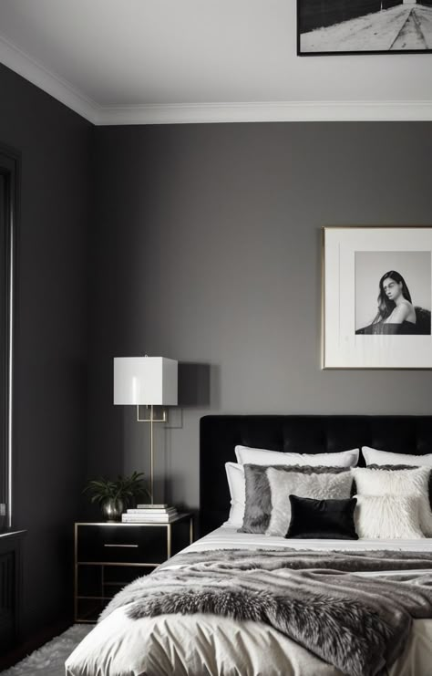 Black White Grey Leather Bedroom, Black And White Grey Bedroom, White And Grey Bedroom Aesthetic Modern, Bedroom Gray Aesthetic, Dark Gray Room Aesthetic, Dark Grey Modern Bedroom, Black White Grey Bedroom Ideas, Black And White Interior Design Bedroom, Grey Walls Black Furniture Bedroom