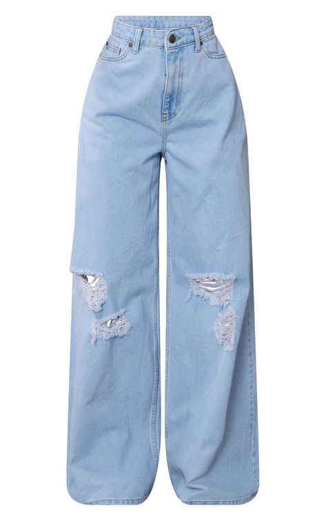 Light Blue Wash Knee Rip Extreme Wide Leg Jeans | PrettyLittleThing US Cute Dress Outfits, Cute Pants, Easy Trendy Outfits, Cute Jeans, Simple Trendy Outfits, Cute Everyday Outfits, Really Cute Outfits, Casual Style Outfits, Teen Fashion Outfits