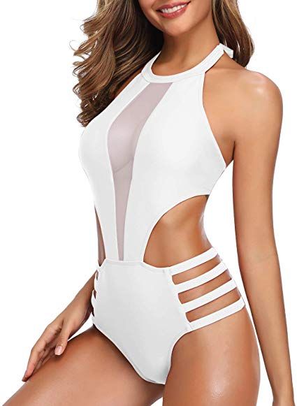 Flattering Bathing Suit, Mesh Swimsuit, Backless One Piece Swimsuit, High Neck Halter, Halter Swimwear, Cheap Swimsuits, Swimsuits Outfits, White One Piece, Monokini Swimsuits