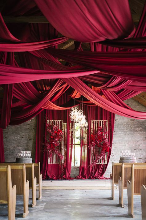 Burgundy Wedding Ceremony Decor - Photography: Tasha Seccombe Wedding Draping, Red Drapes, Burgundy Bridesmaid, Wedding Event Design, Burgundy Bridesmaid Dresses, Chinese Wedding, Wedding Ceremony Decorations, Burgundy Wedding