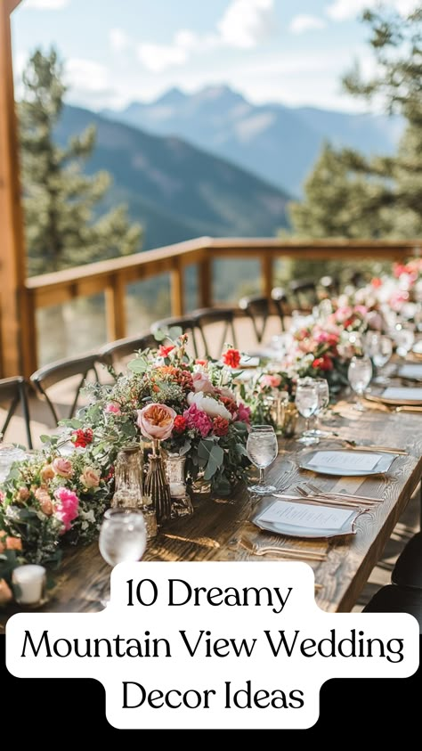 Beautiful mountain view wedding decor with rustic accents and elegant floral arrangements, perfect for an outdoor celebration. Wedding Ceremony Mountain Backdrop, Bohemian Mountain Wedding, Mountain Home Wedding, Mountain Wedding Palette, Classic Mountain Wedding, Aspen Wedding Decor, Mountain Wedding Centerpiece Ideas, Spring Wedding Mountains, November Mountain Wedding