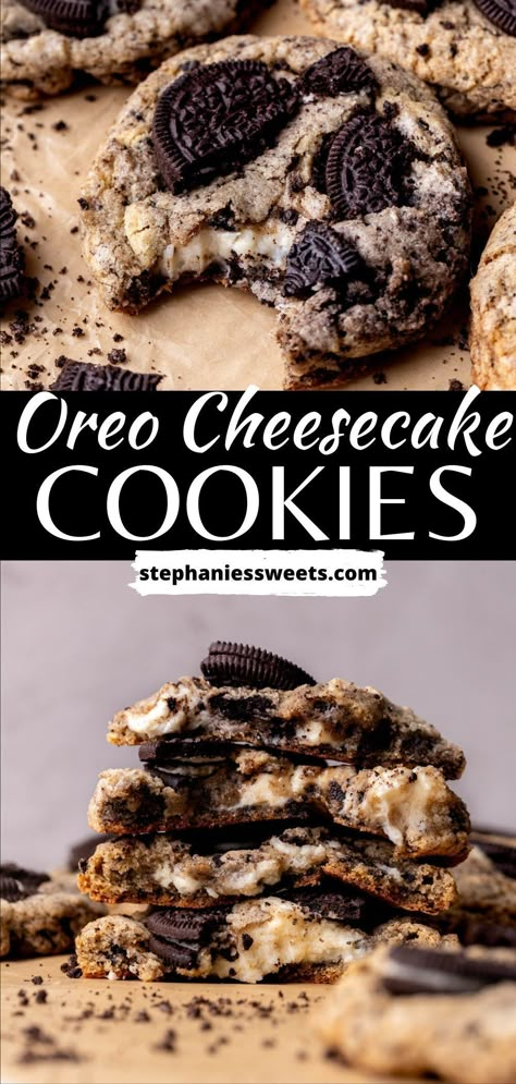 Oreo Cheesecake Filled Cookies, Deep Dish Smores Cookies, Desserts And Sweets, Cookies And Cream Cheesecake Cookies, Cookie Recipes Cheesecake, Cheesecake Cookies Bars, Office Baking Ideas, Cheesecake Oreo Cookies, Cookie Flavor Combinations