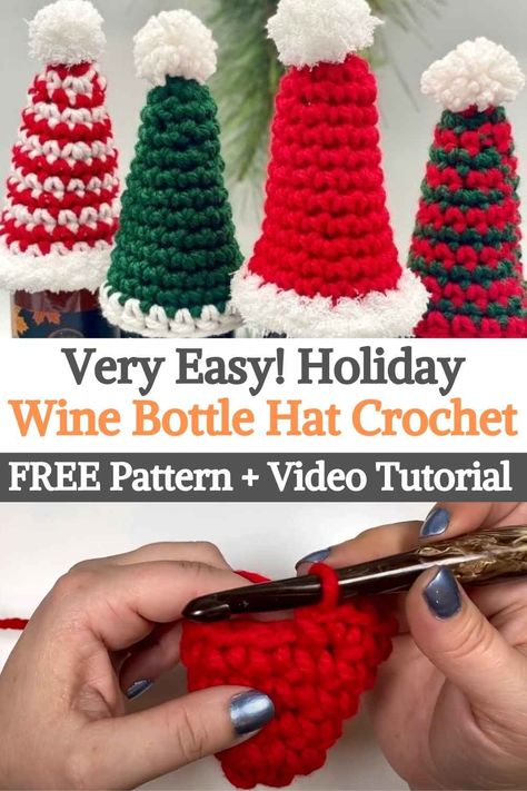 Crochet Wine Bottle Topper Free Pattern, Crochet Bottle Toppers Christmas, Crochet Bottle Toppers, Wine Bottle Toppers Diy, Halloween Wine Bags, Christmas Wine Bottle Crafts Diy, Crochet Wine, Christmas Wine Bottle Covers, Crochet Topper