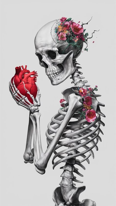 Skeleton And Heart Tattoo, Skeleton With Flowers Growing Out Of It, Flowers Growing Out Of Skeleton, X Ray Painting, Skeleton Reaching Out, Skull With Flowers Growing Out Of It, Skeleton Flower Art, Bones With Flowers, Skull With Flowers Drawing