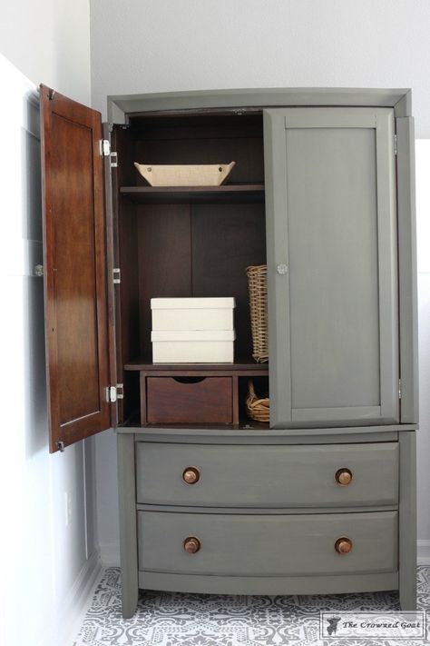 Guest Room Armoire, Modern Farmhouse Armoire, Redone Wardrobe Furniture, Diy Tv Armoire, Tv Amoire Ideas, Armoir Makeover Diy, Painted Armoires Before And After, Armoire Diy Makeover, Wardrobe Furniture Flip