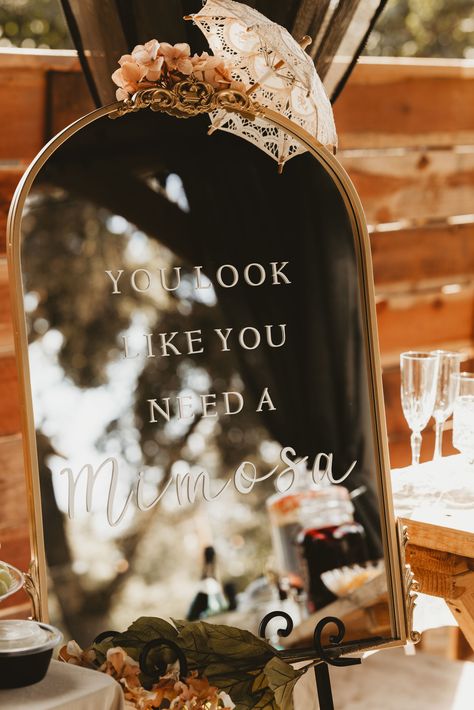 Wedding Getting Ready Mimosa Bar, Bridal Mimosa Bar Ideas, Bridal Shower With Groom, Wedding Shower Mirror Sign, Bridal Shower Brunch Signs, Boozy Brunch Bridal Shower Decor, Bridal Shower Welcome Mirror, Bridal Mimosa Bar, Bridal Shower Bar Sign