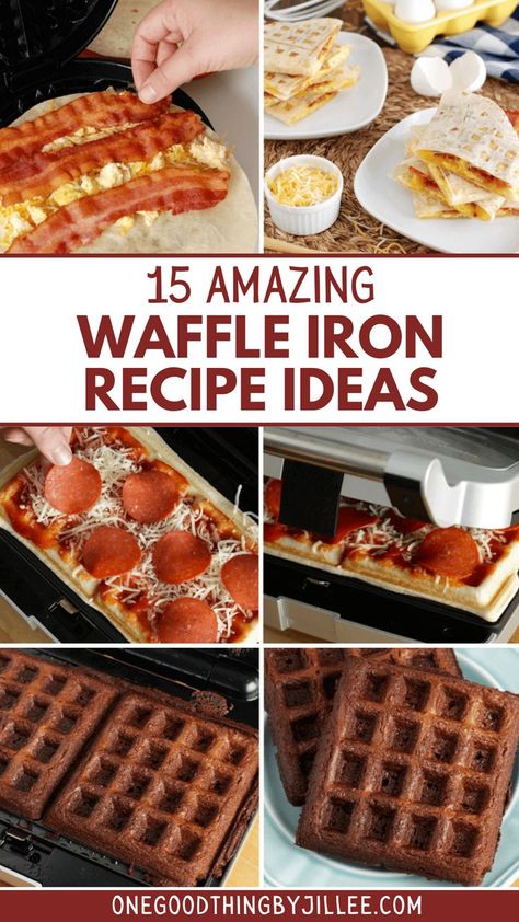 different foods being made in a waffle iron with text overlay that reads 15 amazing waffle iron recipe ideas Dessert Recipes Cinnamon, Waffle Iron Recipes Easy, Waffle Iron Cinnamon Rolls, Recipes Cinnamon Rolls, Cinnamon Roll Waffles Recipe, Lunch Dessert, Cinnamon Roll Waffles, Waffle Iron Recipes, Waffle Maker Recipes