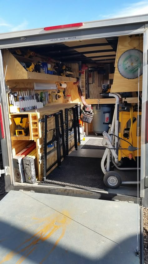 Trailer Build Ideas, Shelving For Enclosed Trailer, Carpentry Trailer Setup, Carpenters Trailer Setup, Plumbing Trailer Organization, Tool Trailer Setup, Work Trailer Storage Ideas, Enclosed Trailer Workshop, Trailer Shelving Ideas Enclosed