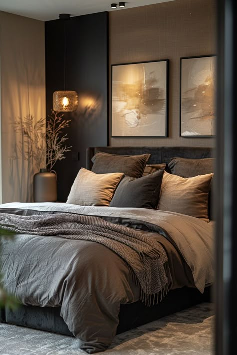 home decor, bedroom decor, back and neutral home decor, neutral bedrooms, bedroom inspo Black And Neutral Home, Black And Neutral Bedroom, Bedrooms Inspiration, Men's Bedroom, Bedroom Transformation, Elegant Bedroom Decor, Neutral Bedroom Decor, Neutral Bedrooms, Moody Bedroom