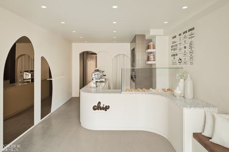 The New Design Project Goes Tastefully Playful for Chip Cookies & Cream’s West Village Shop Bakery Moodboard, Cookie Shop, Bakery Interior, Architectural Forms, Coffee Shop Interior Design, Cafe Shop Design, Beige Tile, Small Cafe, Coffee Shops Interior