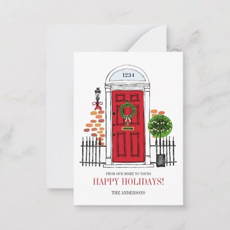 Christmas Front Door Illustration, Simple Merry Christmas Card, Christmas Card Design Watercolor, Christmas Door Watercolor, Christmas Postcards Ideas, Christmas Door Drawing, Illustration Christmas Card, Christmas Door Card, Christmas Door Illustration