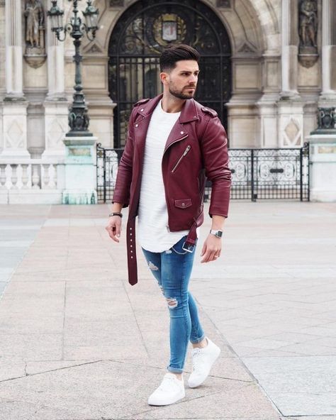 Red leather jacket for men | autumn 2020 - winter 2021 #leatherjacketoutfit #mensleatherjacket #redjacket #mensstreetwear Fall Leather Jacket, Red Jacket Leather, Cargo Jacket Mens, Superenge Jeans, Vans Converse, Jackets Men Fashion, Mens Fashion Fall, Mens Fashion Casual Outfits, Fashion Casual Outfits