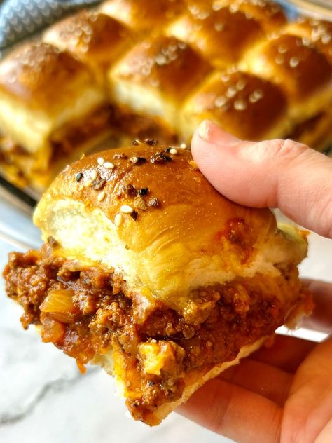 Sloppy Joe Sliders - The Menu Maid Easy Sloppy Joe Sliders Hawaiian Rolls, Dinner Ideas With Buns, Manwich Sliders, Fancy Sloppy Joes, Sloppy Joe Sliders Hawaiian Rolls, Sliders Easy Recipes, Crockpot Sliders, Sliders With Ground Beef, Oven Sliders