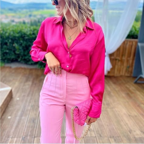 New With Tags So Trendy Fits Oversized Black Pants Pink Top Outfit, Bright Business Outfits, Pink Outfits For Work, Bright Professional Outfit, Preppy Summer Outfits Casual, Pink Professional Outfit, Pink Satin Top Outfit, Pink Satin Shirt Outfit, Hot Pink Blouse Outfit