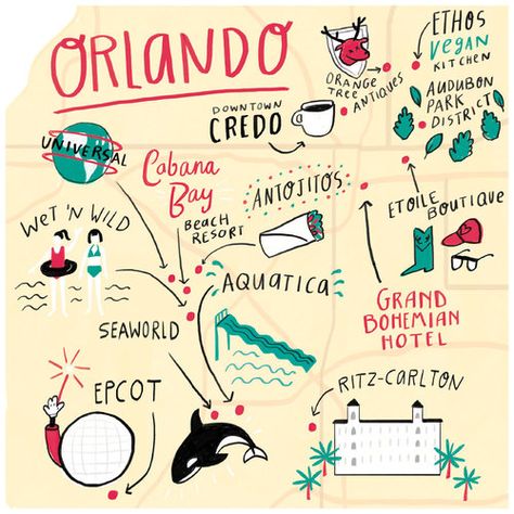 Fatti Burke - Map of Orlando - Cara Magazine Orlando Illustration, Maps Illustration Design, Maps Illustration, Orlando Map, Map Mural, Illustrated Maps, Map Murals, Orlando Travel, Map Illustration