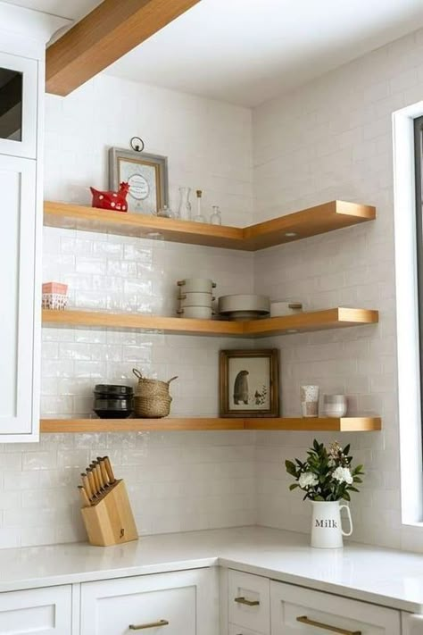 Counter Corner Ideas, Kitchen Counter Corner, Corner Shelves Kitchen, Kitchen Corner Ideas, Corner Ideas, Open Kitchen Shelves, Diy Wall Shelves, Kitchen Corner, Kitchen Room Design