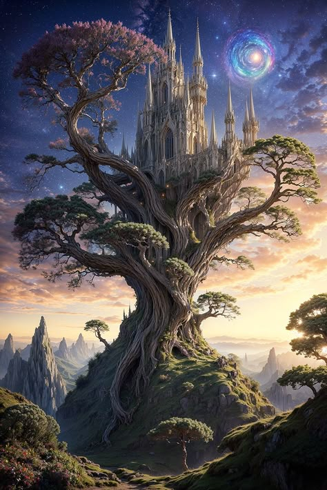 Discover the enchanting beauty of this elven castle intertwined with a massive, ancient tree. This AI-crafted artwork captures the essence of fantasy, making it a stunning addition to any collection. Ideal for those who love fantasy characters and mythical worlds. #FantasyCharacters #Elves #AIArt #FantasyLandscapes #DigitalArt #Enchantment Tree Palace Fantasy Art, Tree Castle Fantasy Art, Tree Castle Fantasy Forests, Earth Castle Fantasy Art, Nature Kingdom Fantasy Art, Underground Castle Fantasy Art, Fantasy Tree City, Fantasy World Castle, Enchanted Castle Aesthetic