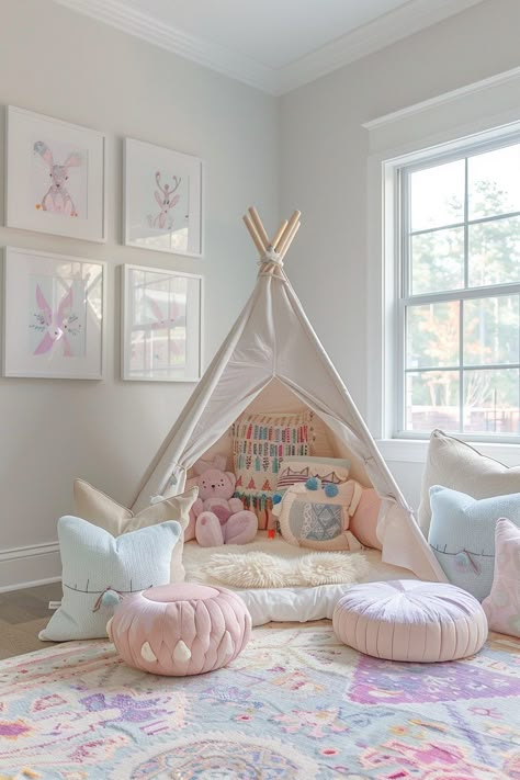 29 Boho Playroom Ideas 24 Playroom Neutral Colors, Girls Bedroom And Playroom Combo, Girls Playroom Decor, Girly Playroom Ideas, Toddler Room Color Palette, Parisian Playroom, Pastel Toddler Room, Girls Boho Bedroom Ideas, Kids Room Color Palette