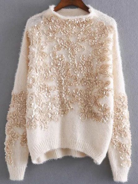 Apricot Flower Detail Drop Shoulder Mohair Sweater | SHEIN Long Pink Sweater, Pull Mohair, Pink Pullover Sweater, Flower Sweater, Embellished Sweaters, Boatneck Sweater, Flower Detail, Mohair Sweater, Sweaters Online