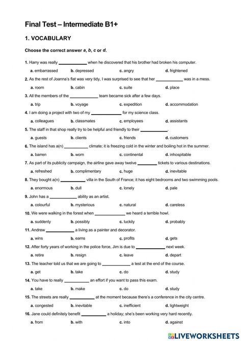 Reading Test Worksheet, Vocabulary Worksheets Intermediate, Grammar Test Worksheets, English Exercises Worksheets, Vocabulary Test, Reading Exercises, Reading Comprehension Test, English Grammar Test, English Units