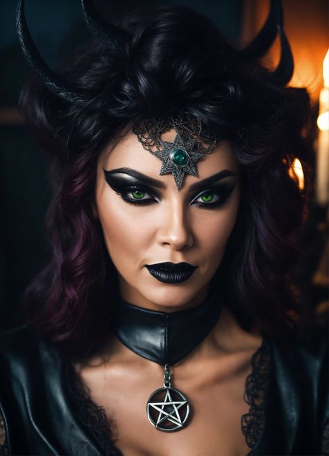 Beautiful extremely evil wicked satanic goth black witch mesmerizing you wearing black leather Queen Of Halloween Makeup, Nyx Goddess Makeup Looks, Witch Costumes For Women Make Up, Dark Queen Makeup, Gothic Witch Makeup, Evil Witch Makeup, Evil Fairy Makeup, Goth Mood Board, Cute Witch Makeup