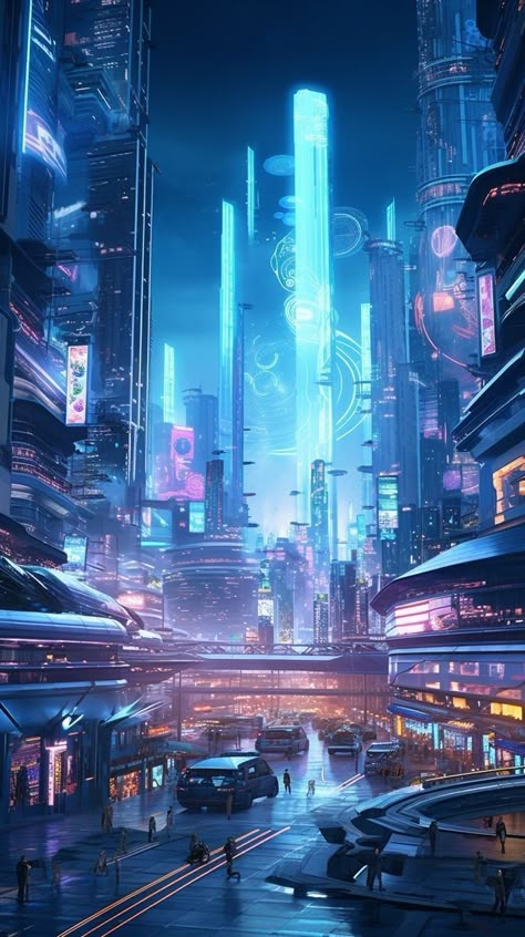 Sci Fi City Landscape, Solarpunk City At Night, Scifi City Aesthetic, Future City Aesthetic, Sci Fi City Concept Art, Cyberpunk Club, Futuristic City Utopia, Futuristic Setting, Kota Masa Depan