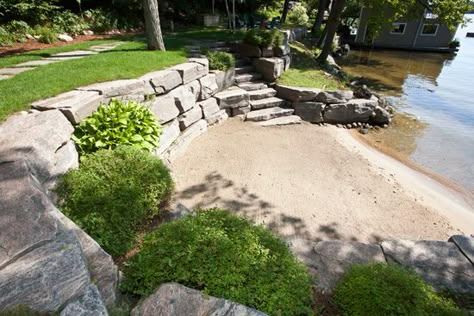 Cottage Waterfront Landscaping, Shoreline Landscaping, Riverbank Landscape Design, Lakeside Beach Landscaping, Lake Shoreline Landscaping, Waterfront Landscaping, Lakeside Landscaping Ideas, Steep Lakefront Landscaping, Lakefront Landscaping