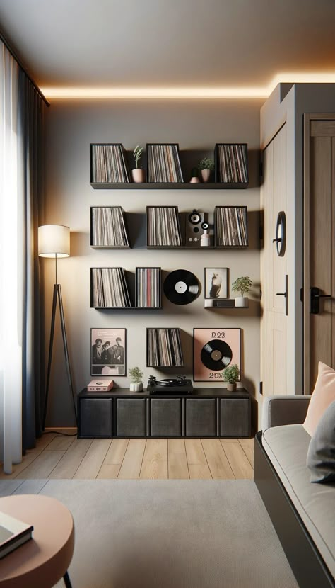 Vinyl Storage Aesthetic, Built In Record Player And Storage, Grey Living Room Decor Ideas, Record Room Ideas, Small Music Room, Vinyl Record Storage Ideas, Record Storage Ideas, Grey Living Room Decor, Vinyl Record Room