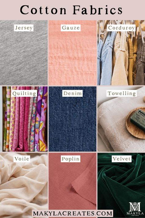 Types of Fabrics and Materials with Names and Pictures - Makyla Creates Different Clothing Fabrics, Different Types Of Cloth Materials, Skirt Fabric Types, Clothing Materials Fabrics, Clothes Fabrics Guide, Different Types Of Materials, Name Of Materials, Types Of Fabric Material For Clothes, Type Of Fabric Material