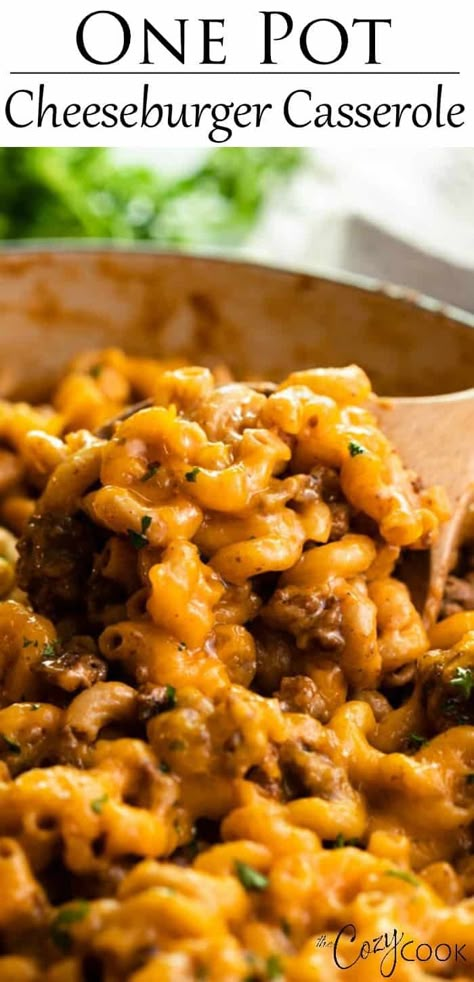 This Cheeseburger Casserole is made in one pot and takes just 30 minutes! It's a cheesy, meaty, and easy macaroni dinner. A homemade version of Hamburger Helper! #comfortfood #pasta #familydinneridea #dinnersforkids Easy Burger Dinner Recipes, Bacon Cheeseburger Hamburger Helper, Cheeseburger Pasta Recipes, Hamburger Macaroni Casserole With Tomato Soup, Cheesy Hamburger Helper Homemade, Hamburger And Pasta Casserole, Noodles And Hamburger Recipes, Velveeta Cheeseburger Macaroni, Cheesy Hamburger Casserole Recipes