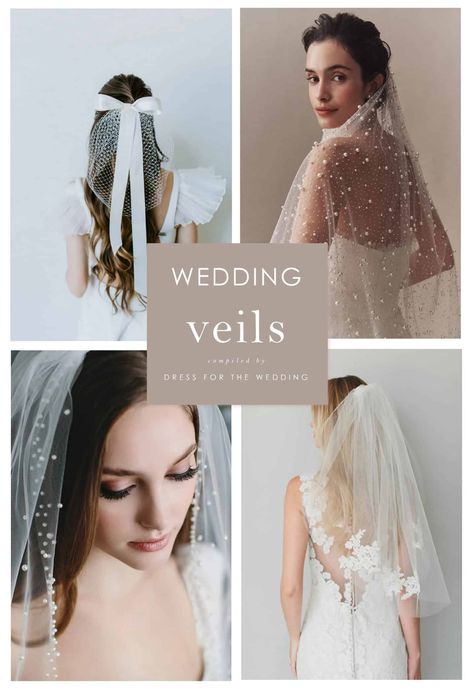 A collage of 4 images of various styles of wedding veils Bridal Veil Inspiration, Wedding Veil Boho, Veils Bridal Hair Down, Bridal Veil Ideas, Low Bun Wedding Hair With Veil, Wedding Veil Hairstyles, Veil Length Guide, Veil Lengths, Veil Hair Piece