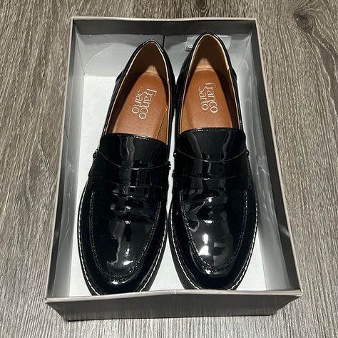 Franco Sarto patent loafers Black Patent Loafers, Patent Loafers, Franco Sarto Shoes, Franco Sarto, White Trim, Flat Shoes Women, Loafer Flats, Patent Leather, Black Fashion