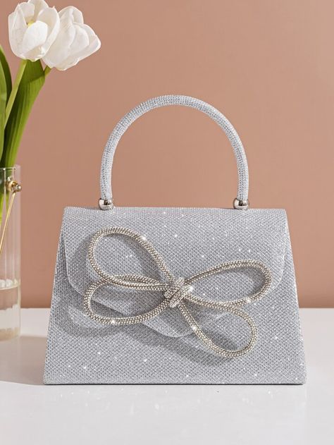 Prom Bag, Prom Purse, Desain Buklet, Bridal Purse, Rhinestone Top, Glitter Decor, Silver Bags, Rhinestone Bow, Glitter Bow